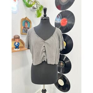 Urban Outfitters Crochet Ruffle Trim Button-Front Tee - Heather Grey